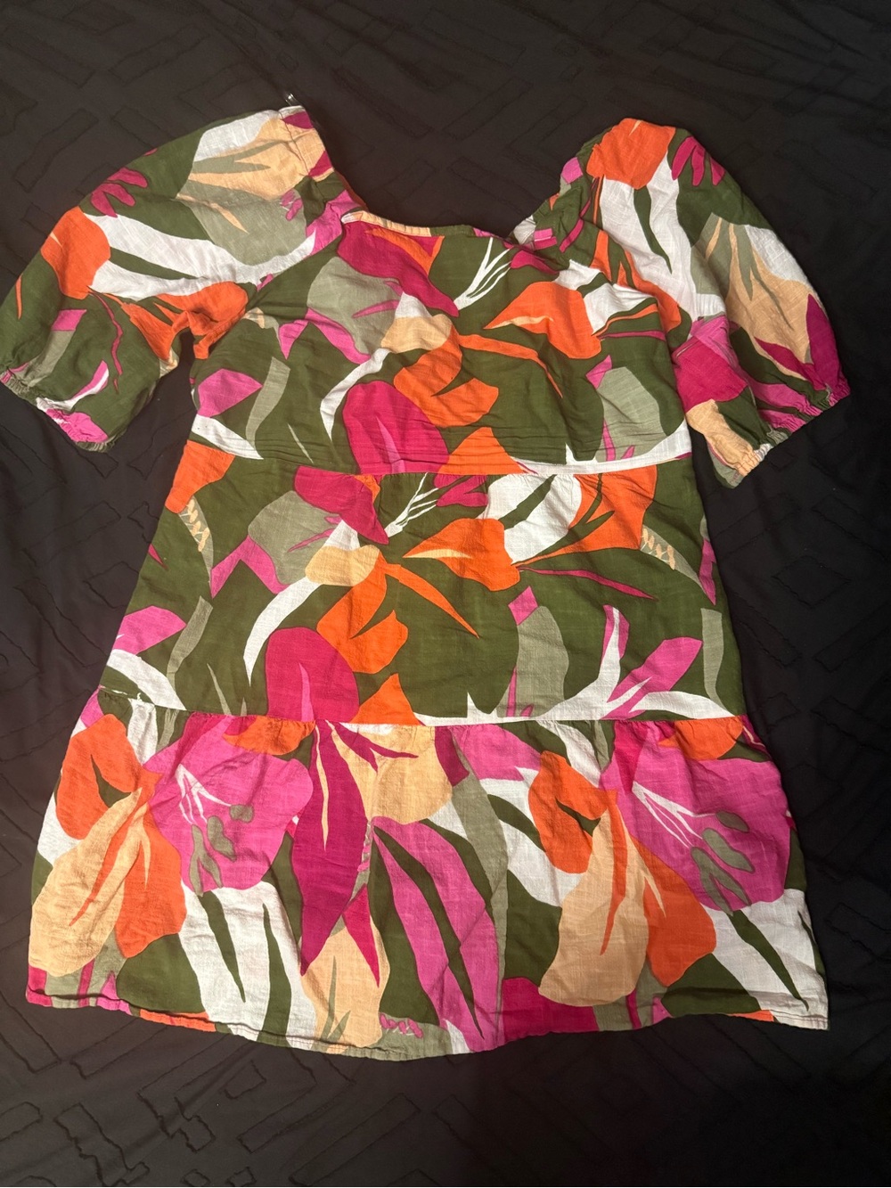 Olive Floral Puff-Sleeve Tunic with Pink & Orange Accents